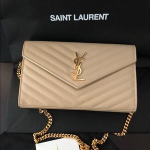 New Nude YSL Chevron Monogram Chain Wallet Embossed Leather